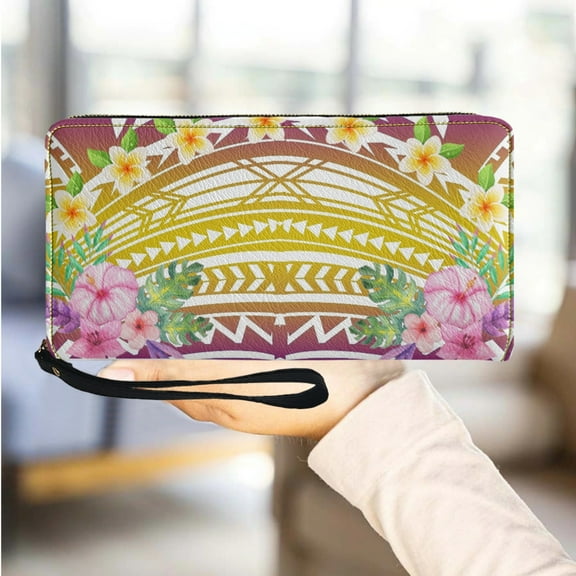 Hibiscus Polynesian Design Leather Women Wallet Long Wrist Strap Zipper Wallet Card Holder Party Travel Coin Purse Female