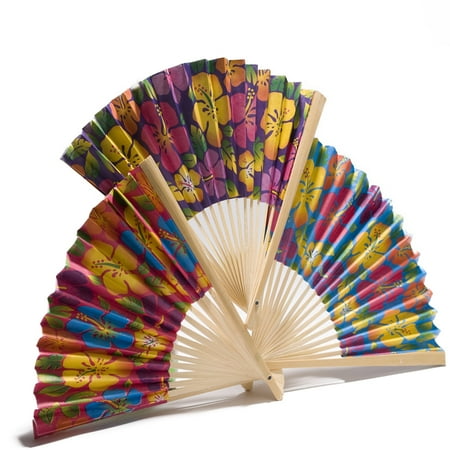 Hibiscus Print Folding Fans - Party Supplies - 12 Pieces