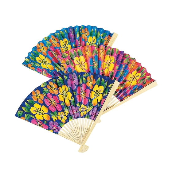 Hibiscus Print Folding Fans - Party Supplies - 12 Pieces