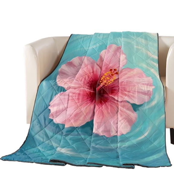 Hibiscus Quilted Comforters Cooling Blanket Oversized King Size, Water Ripples Tropical Coastal Summer Cold Comfort for Hot Sleepers Lightweight Air Conditioning Quilt Blanket for Bed