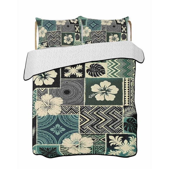 Hibiscus Quilts Bedding Set California King Abstract Ethnic Tribal Patterns Blue Green Tropical Plant Lightweight Quilted Bedspread 3 Piece Bed Quilt with 2 Pillow Shams for Bedroom 96" x 106"