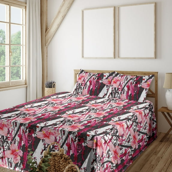 Ambesonne Hibiscus Fitted & Flat Sheet with Shams 4 Pcs Set, Floral Pattern Forest Art, King, Pale Pink Hot Pink White