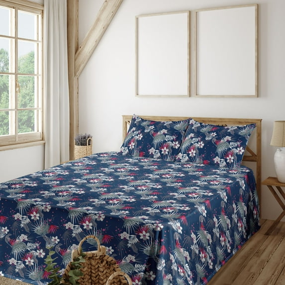 Ambesonne Hibiscus Fitted & Flat Sheet with Shams 4 Pcs Set, Tropical Vintage Leaves, Queen, Dark Pink Dark Lavender