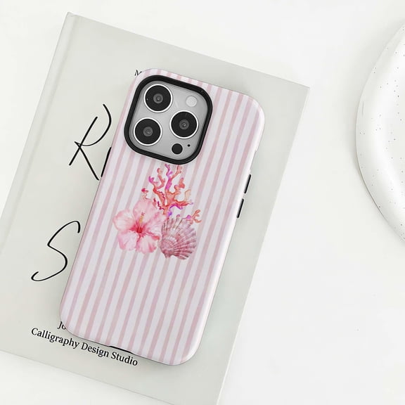Hibiscus Shell Coral Glossy Tough Phone Case, Pink Striped Coastal Tropical Beach Design compatible with iPhone 11 Pro