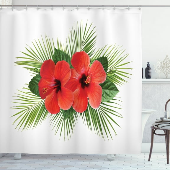 Hibiscus Shower Curtain, Simple Summer Design of 2 Petal Flowers and Leaf Bouquet, Fabric Bathroom Set with Hooks, 69W X 84L Inches Extra Long, Vermilion Apple Green Olive Green, by Ambesonne