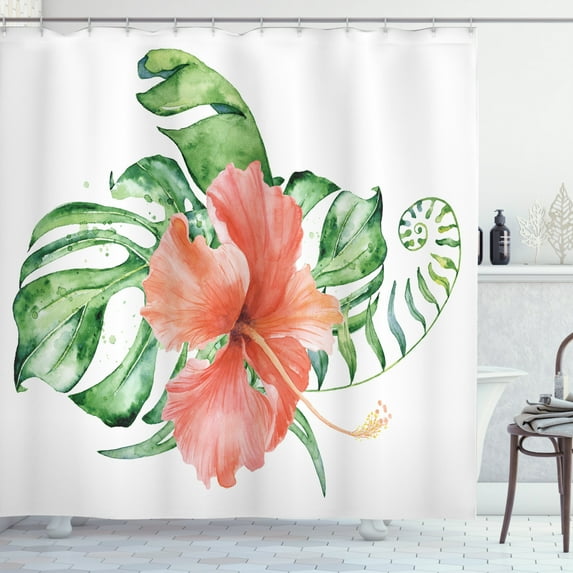 Hibiscus Shower Curtain, Watercolor Look Lush Personality Flower with Curvy Leaves, Fabric Bathroom Set with Hooks, 69W X 84L Inches Extra Long, Burnt Sienna Pale Green Fern Green, by Ambesonne