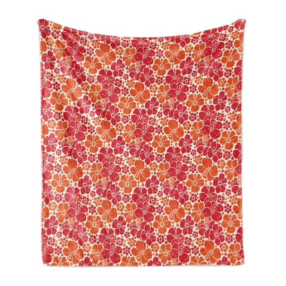 Hibiscus Soft Flannel Fleece Blanket, Hawaiian Flora Pattern Blooming Ornamentation Grunge Petal Silhouettes, Cozy Plush for Indoor and Outdoor Use, 60" x 80", Vermilion Orange Ivory, by Ambesonne