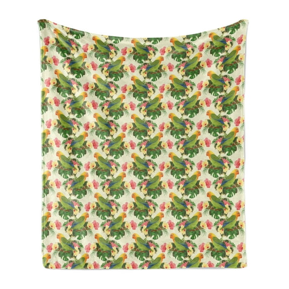 Hibiscus Soft Flannel Fleece Throw Blanket, Colorful Composition of Exotic Bird Parrot Flowers, Cozy Plush for Indoor and Outdoor Use, 50" x 70", Multicolor, by Ambesonne