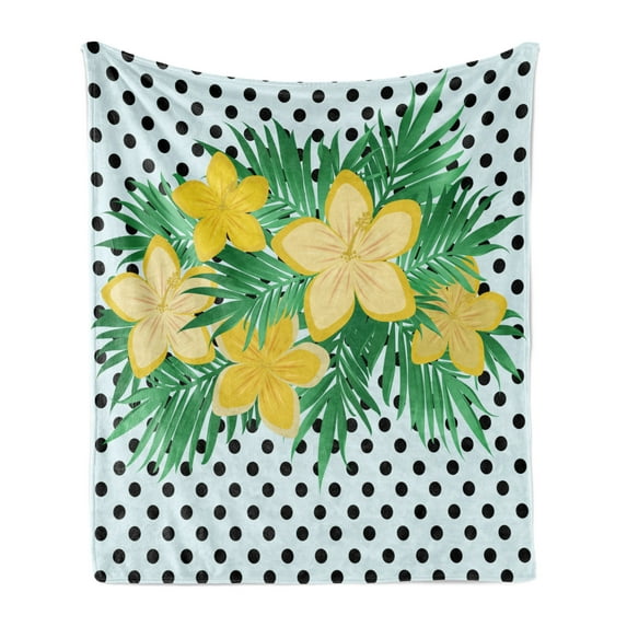Hibiscus Soft Flannel Fleece Throw Blanket, Exotic Bouquet on Polka Dots Background, Cozy Plush for Indoor and Outdoor Use, 50" x 70", Baby Blue Yellow Green, by Ambesonne