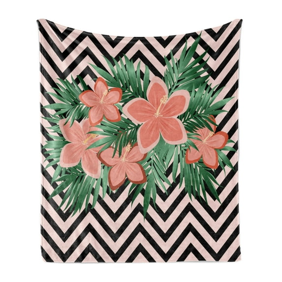 Hibiscus Soft Flannel Fleece Throw Blanket, Tropical Floral Graphic on Chevron, Cozy Plush for Indoor and Outdoor Use, 60" x 80", Coral Multicolor, by Ambesonne