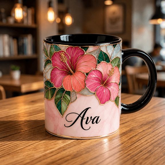 Hibiscus Stained Glass Ceramic Mug Custom Name Tropical Flower Gift