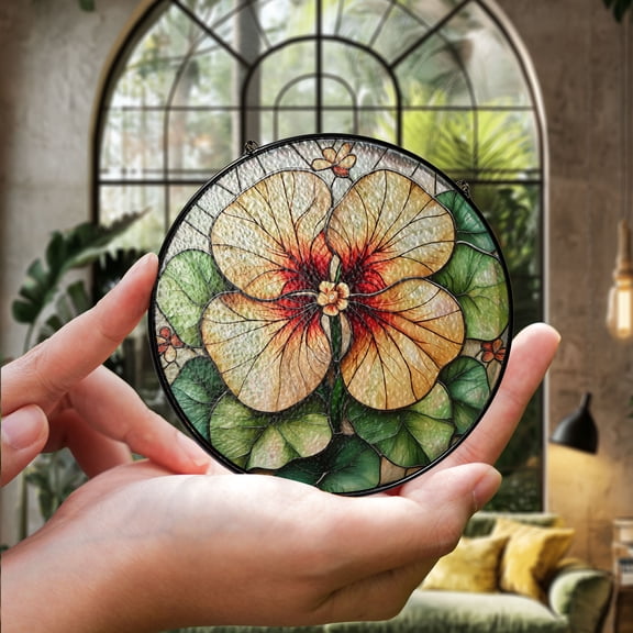 Hibiscus Stained Glass Window Hanging - Handmade Sun Catcher, Vibrant Floral Art Panel, Nature-Inspired Home Décor, Unique Botanical Gift, Tropical Garden Ornament for Flower Lovers