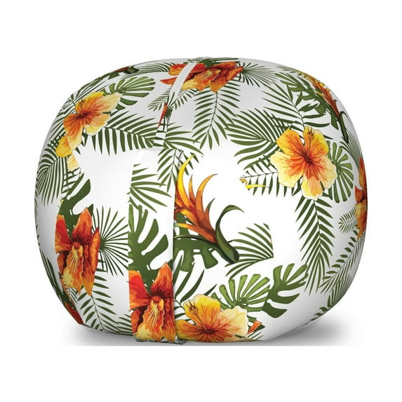 Hibiscus Storage Toy Bag Chair, Palm Leaves Tropical Blossoms Repeating Print on Plain Background, Stuffed Animal Organizer Washable Bag, Large Size, Olive Green Orange, by Ambesonne