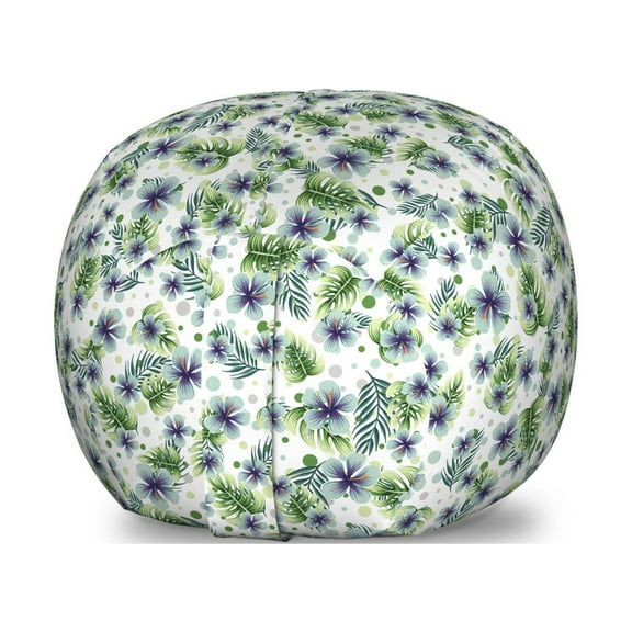 Hibiscus Storage Toy Bag Chair, Summer Flourishes Hawaiian Leaves and Round Blots on Background, Stuffed Animal Organizer Washable Bag, Small Size, Purple Green and Pale Seafoam, by Ambesonne