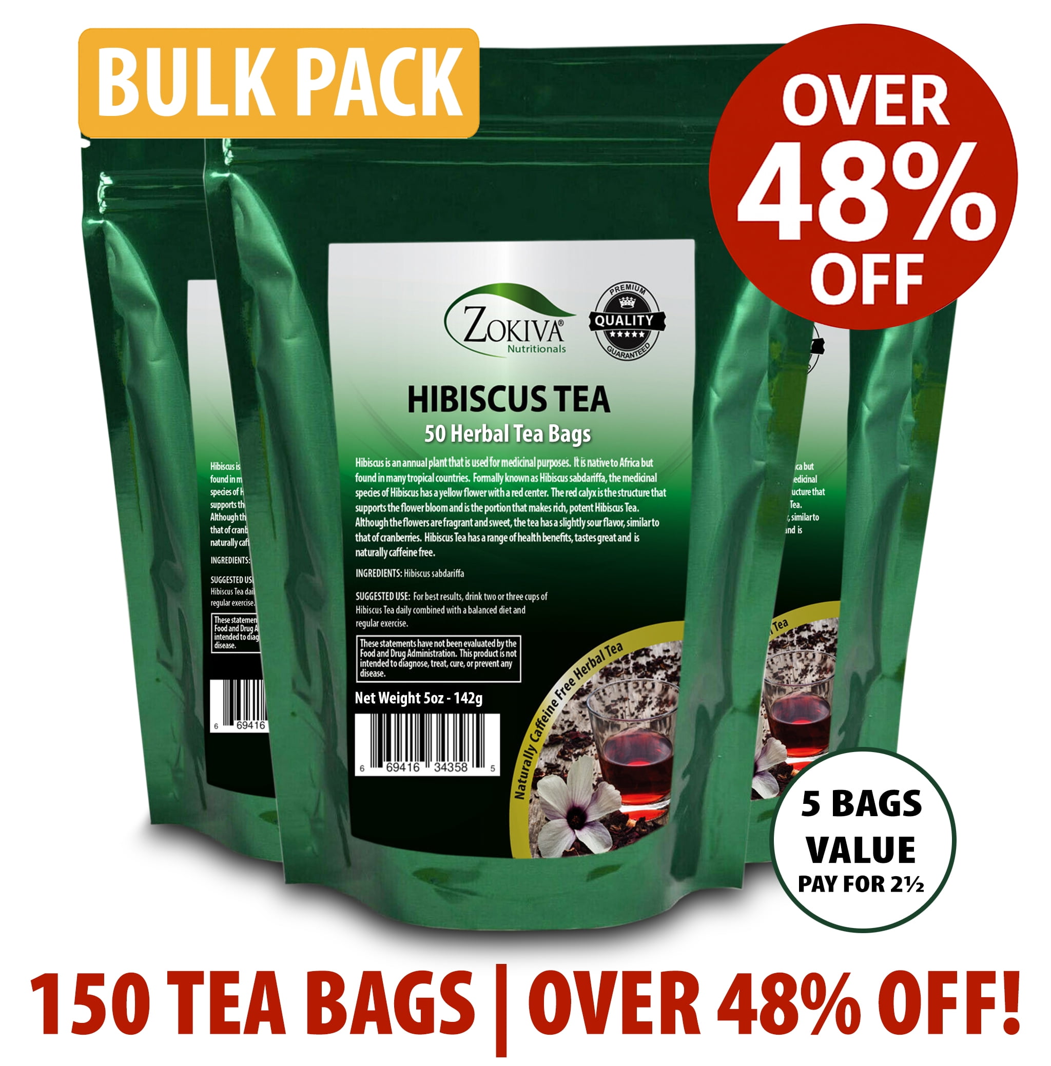 Hibiscus Tea 150 Bags (3-Pack) | Herbal Caffeine-Free | Over 48% Off Bulk