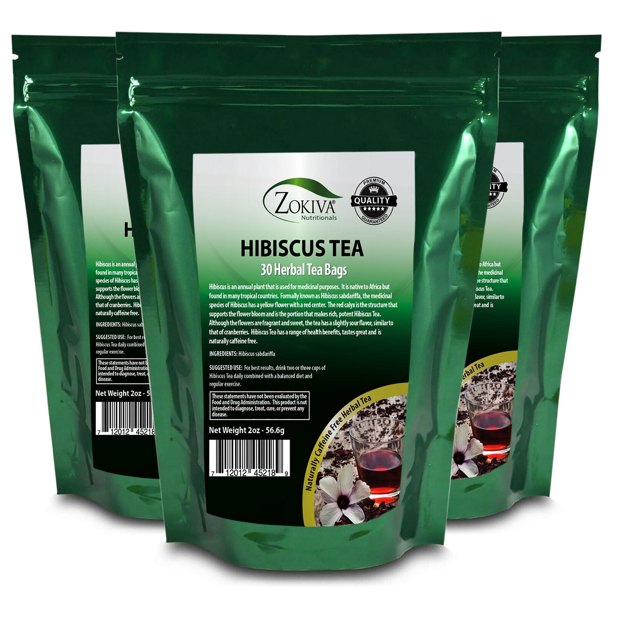 Hibiscus Tea 3-Pack 90 Bags 100% Natural in Resealable Zip Pouch