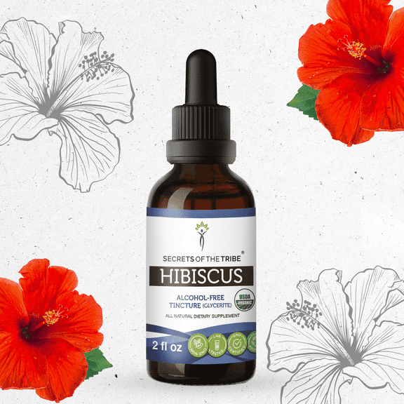 Secrets Of The Tribe Hibiscus Organic Dietary Supplement, Natural Herbal Tincture for Antioxidant Support, Certified Organic Hibiscus (Hibiscus sabdariffa) Dried Flower, Alcohol-Free Extract, 2 oz