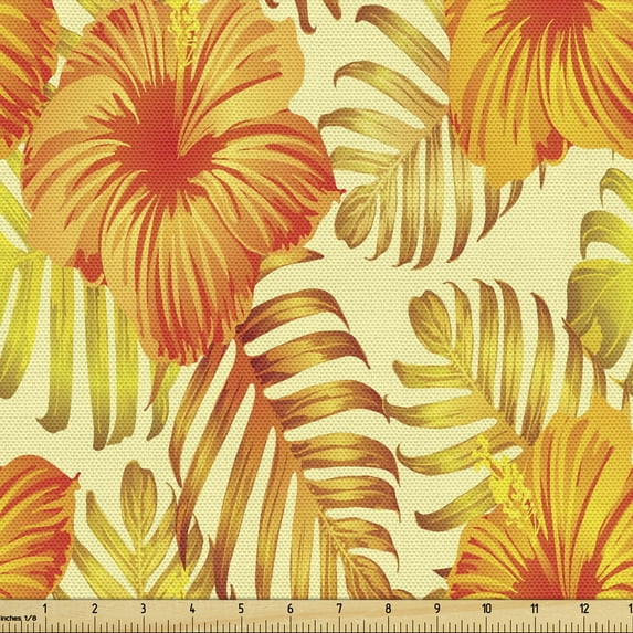Ambesonne Hibiscus Fabric by the Yard Upholstery, Exotic Flowers Palm Leaf, 2 Yards, Orange Yellow