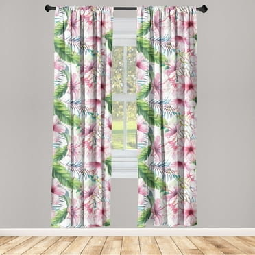 Hibiscus Window Curtains, Exotics Feel Dreamy Jungle Flowers Boho Pattern with Leaves Greenery, Lightweight Decor 2-Panel Set with Rod Pocket, Pair of - 28"x63", Fern Green Pastel Pink, by Ambesonne
