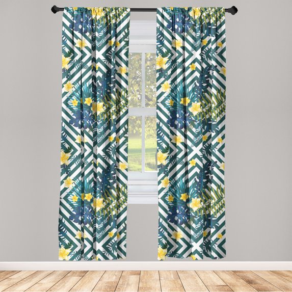 Hibiscus Window Curtains, Geometric Vibes Exotic Flowers and Leaves on Square Pattern Backdrop, Lightweight Decor 2-Panel Set with Rod Pocket, Pair of - 28"x95", Mustard Teal Fern Green, by Ambesonne