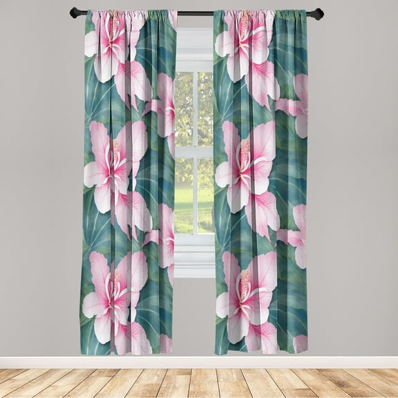 Hibiscus Window Curtains, Jungle Inspired Exotic Leaves and Flowers Pattern on Blue Hues Print, Lightweight Decor 2-Panel Set with Rod Pocket, Pair of - 28"x63", Pale Pink Forest Green, by Ambesonne