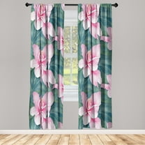 Hibiscus Window Curtains, Jungle Inspired Exotic Leaves and Flowers Pattern on Blue Hues Print, Lightweight Decor 2-Panel Set with Rod Pocket, Pair of - 28"x63", Pale Pink Forest Green, by Ambesonne