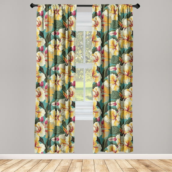 Hibiscus Window Curtains, Tropical Feels Dreamy Garden Scene with Exotic Flowers Delicate Leaves, Lightweight Decor 2-Panel Set with Rod Pocket, Pair of - 28"x84", Apricot Dark Pink Teal, by Ambesonne