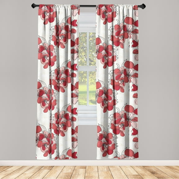 Hibiscus Window Curtains, Tropical Inspired Flowers Boho Sketch Style Exotic Jungle Floral Pattern, Lightweight Decor 2-Panel Set with Rod Pocket, Pair of - 28"x63", Dark Pink Pale Pink, by Ambesonne