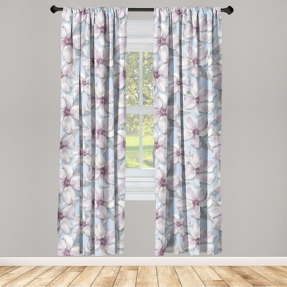 Hibiscus Window Curtains, Watercolor Design Japanese Vibes Flowers Vintage with Neutral Petals, Lightweight Decor 2-Panel Set with Rod Pocket, Pair of - 28"x95", Pale Blue Pale Lavender, by Ambesonne