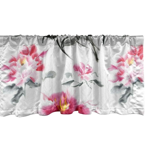 Hibiscus Window Valance, Watercolor Silhouettes of Springtime Asian Flowers Dreamy Look Artwork, Curtain Valance for Kitchen Bedroom with Rod Pocket, 54" X 18", Magenta and Purpleblue, by Ambesonne