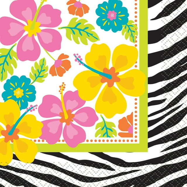 Hibiscus Zebra Print Paper Cocktail Napkins, 5 in, 24ct
