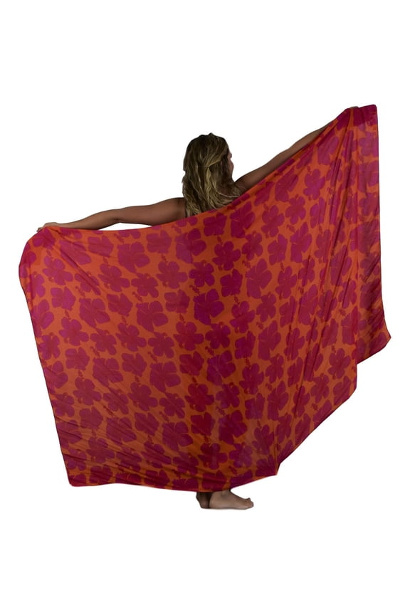 Island Style Women's Pareo Sarong Cover-up- Hibiscus Print, Red and Orange