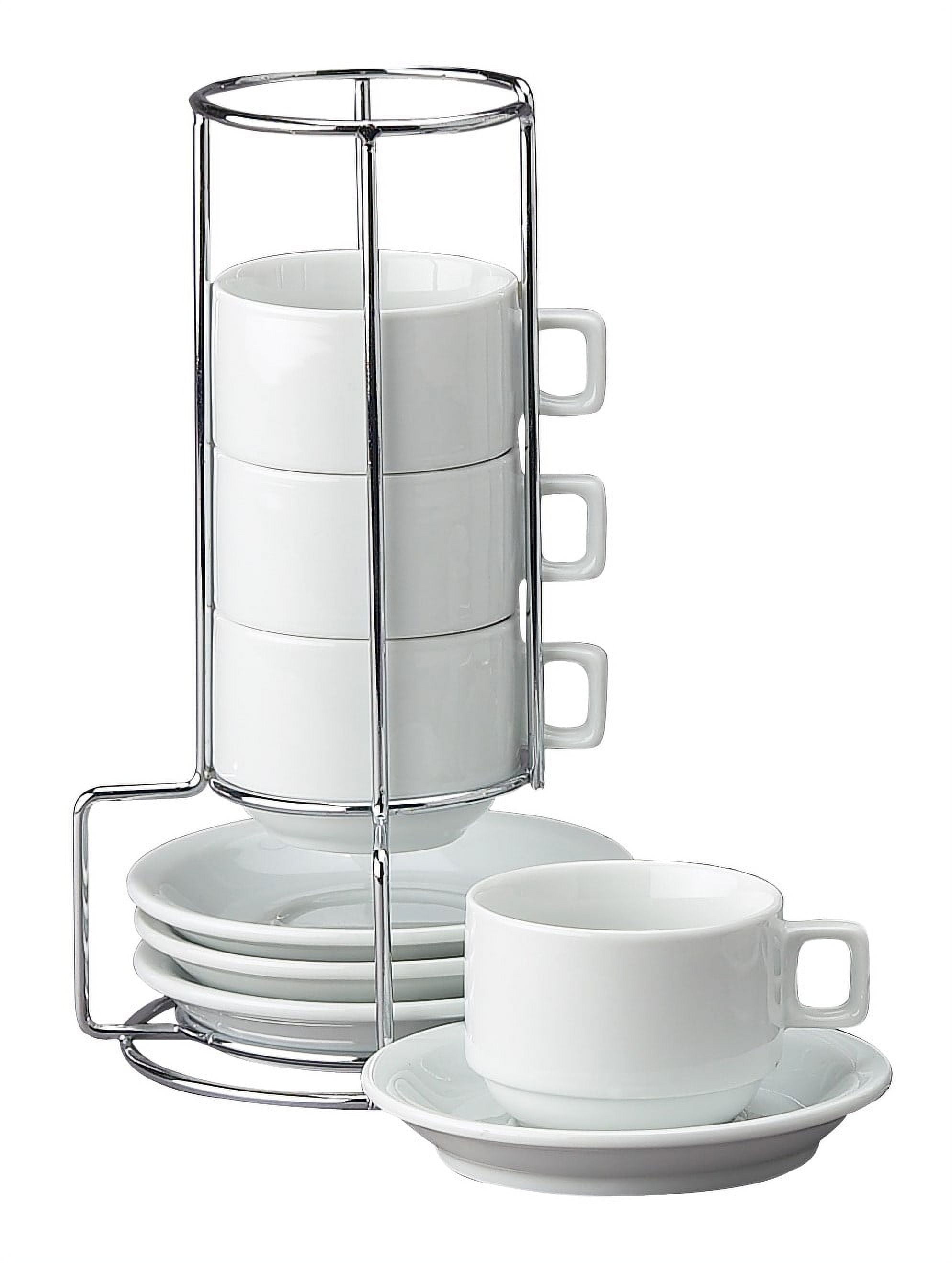Hic 9-Piece Stackable Espresso Coffee Tea Set, Fine White Porcelain, Set  Includes 4 (4-Ounce) Cups With Matching Saucers And Metal Stand, Gift Boxed  
