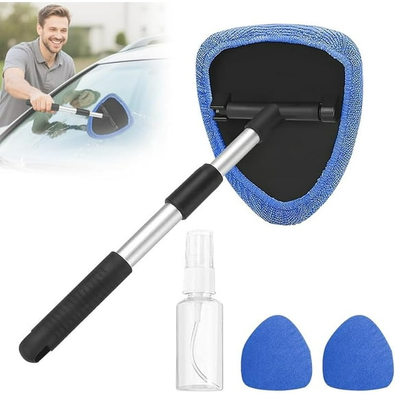 Hicaly Windshield Cleaner, 2025 New Hicaly Car Window Cleaner Tool, Microfiber Towel Pads, Windshield Cleaner Tool Car Window and Home WindowsCleaning Supplies with Extendable Handle (3 Pads Grey)