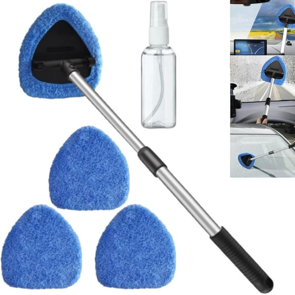 Hicaly Windshield Cleaner, Hicaly Car Window Cleaner, Car Interior Cleaning Brush Kit with Extendable Handle, 4 Microfiber Towel Pads, Auto Glass Wiper for Windshield, Trucks, Suvs (Blue)