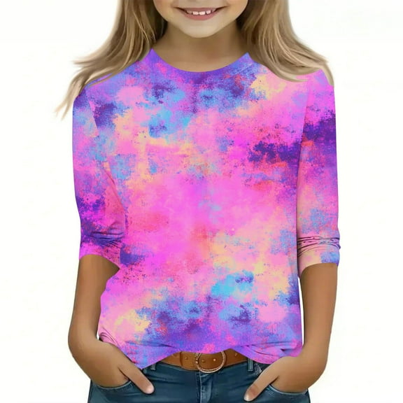 Hicidod 3/4 Length Sleeve Girls Tops Casual Round Neck Cute Tie-Dye Tshirt Loose Fit Pullover Basic Tees Blouses for Kids