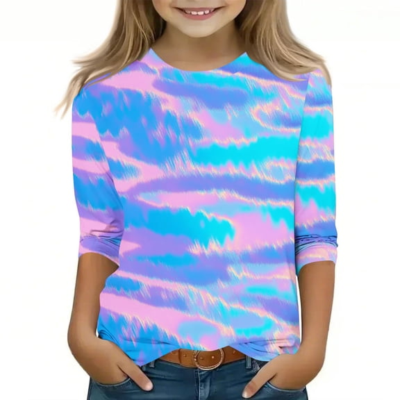 Hicidod 3/4 Length Sleeve Girls Tops Casual Round Neck Cute Tie-Dye Tshirt Loose Fit Pullover Basic Tees Blouses for Kids