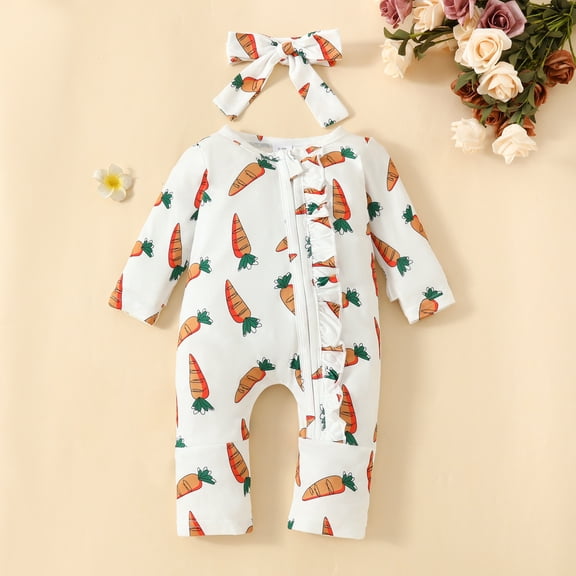 Hicidod Baby Bodysuits Girl Long Sleeve Cartoon Easter Carrot Printed Toddler Onesie Zipper Soft Infant Romper Jumpsuit