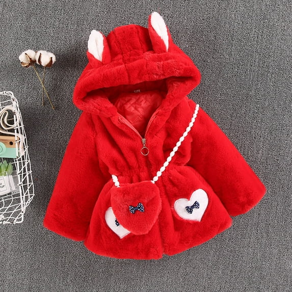 Hicidod Baby Fleece Jacket Girls Winter Coat Faux Fur Fleece Coats Bunny Ear Hooded Coat With Bag Thick Zipper Outerwear