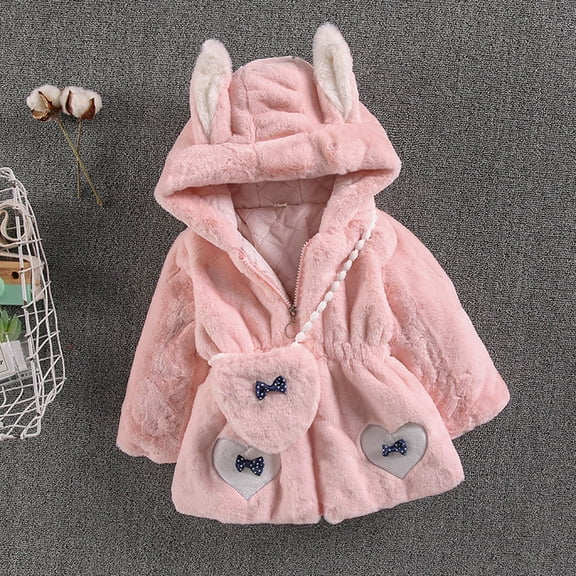 Hicidod Baby Fleece Jacket Girls Winter Coat Faux Fur Fleece Coats Bunny Ear Hooded Coat With Bag Thick Zipper Outerwear