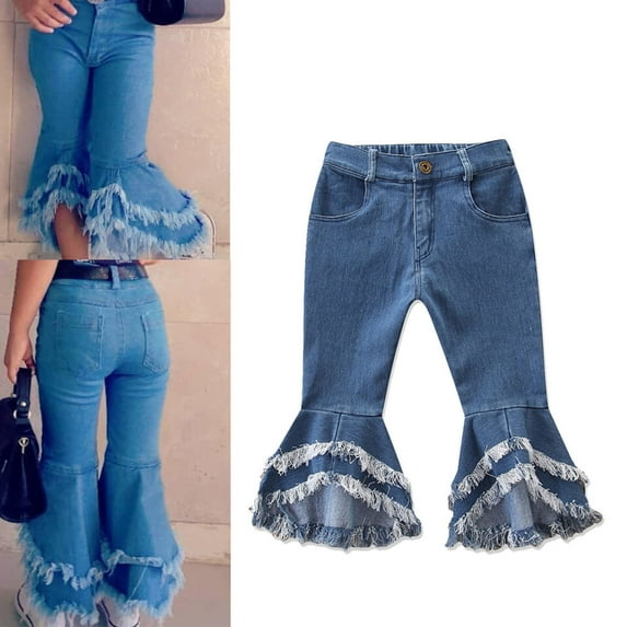 Hicidod Baby Girl Flared Jeans Ruffled Wide Legs Ripped Denim Pants High Waist Bell Bottoms Casual Trousers for Toddler Girls
