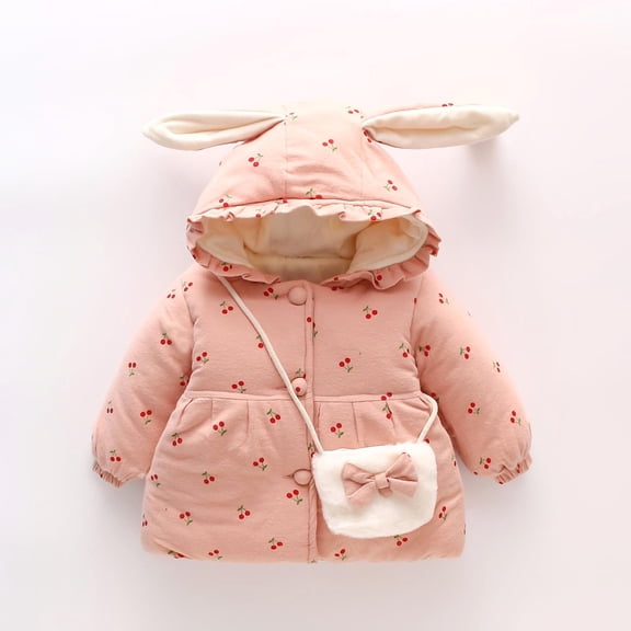 Hicidod Baby Jackets Cute Bunny Ears Hooded Winter Warm Coats Lightweight Floral Printed Thicken Lined Fleece Cotton Jacket+Bag