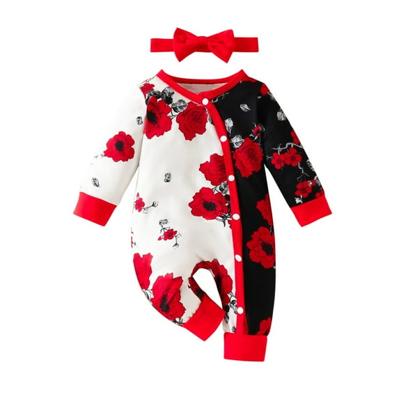 Hicidod Baby Romper Girl Floral Colorblocking Print Infant Bodysuit Long Sleeve Single-Breasted Casual Onesie Outfits
