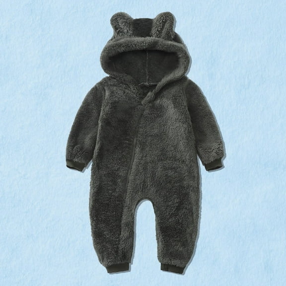 Hicidod Baby Romper Long Sleeve Cute Bear Ears Hooded Newborn One Piece Outfit Fashion Solid Color Fleece Footed Onesie Jumpsuits