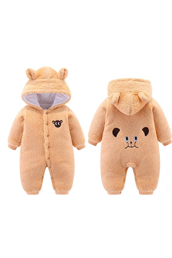 Baby Rompers Unisex Fleece Hooded Cute Newborn Onesie Winter Warm Bear Ear Solid Outfit Outwear Jumpsuit Snowsuit