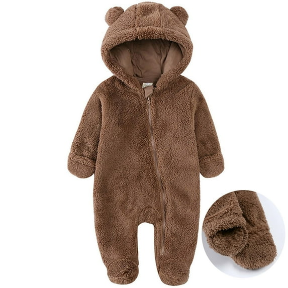 Hicidod Baby Rompers Unisex Winter Warm Hooded Zipper Infant One Piece Outfit Fleece Cute Bear Footed Thicken Jumpsuits Snowsuit