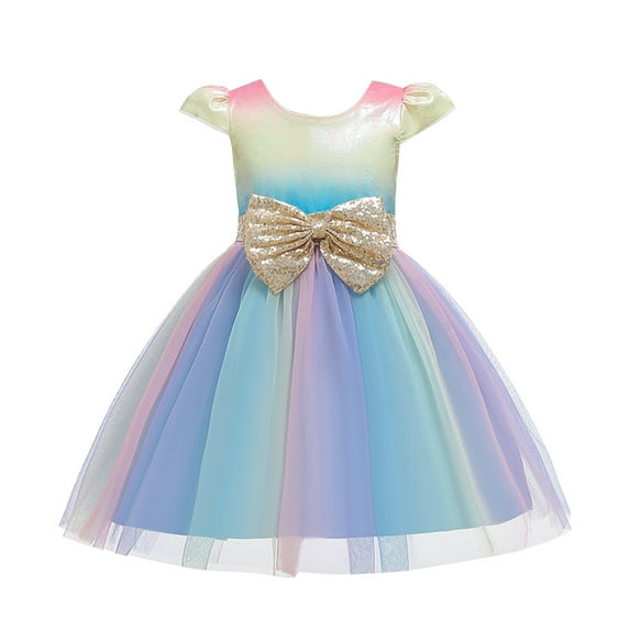 Hicidod Flower Girl Dress Tulle Tutu Rainbow Dress for Wedding Sequins Bowknot Mesh Birthday Party Kids Formal Princess Dresses Clearance