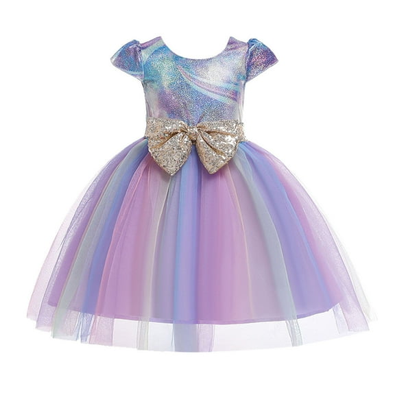 Hicidod Flower Girl Dress Tulle Tutu Rainbow Dress for Wedding Sequins Bowknot Mesh Birthday Party Kids Formal Princess Dresses Fall