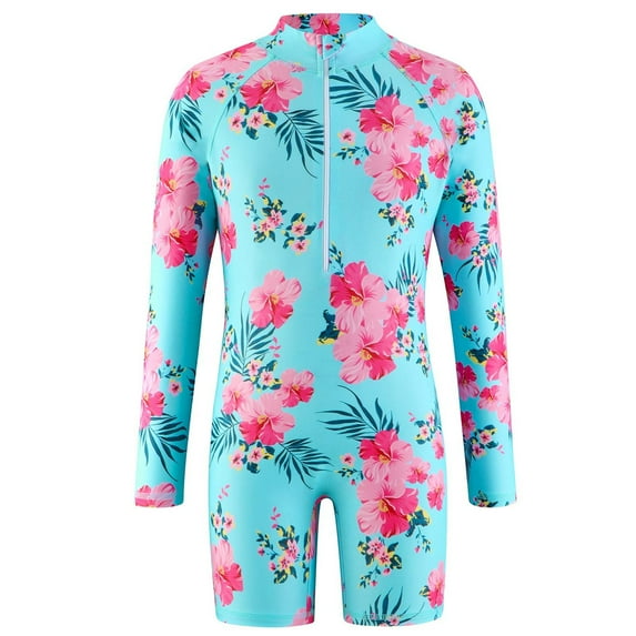 Hicidod Girl One Piece Rashguard Swimsuit Long Sleeve Floral Printed Zipper Upf 50+ Sun Protection Boyleg Bathing Suits Wetsuit Swimwear 4-12Y