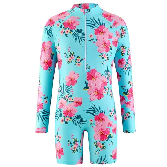 Hicidod Girl One Piece Rashguard Swimsuit Long Sleeve Floral Printed Zipper Upf 50+ Sun Protection Boyleg Bathing Suits Wetsuit Swimwear 4-12Y
